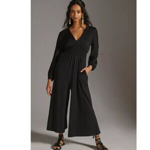 New Anthropologie Hutch V-Neck Wide-Leg  Jumpsuit $170 XS Black Smocked Waist